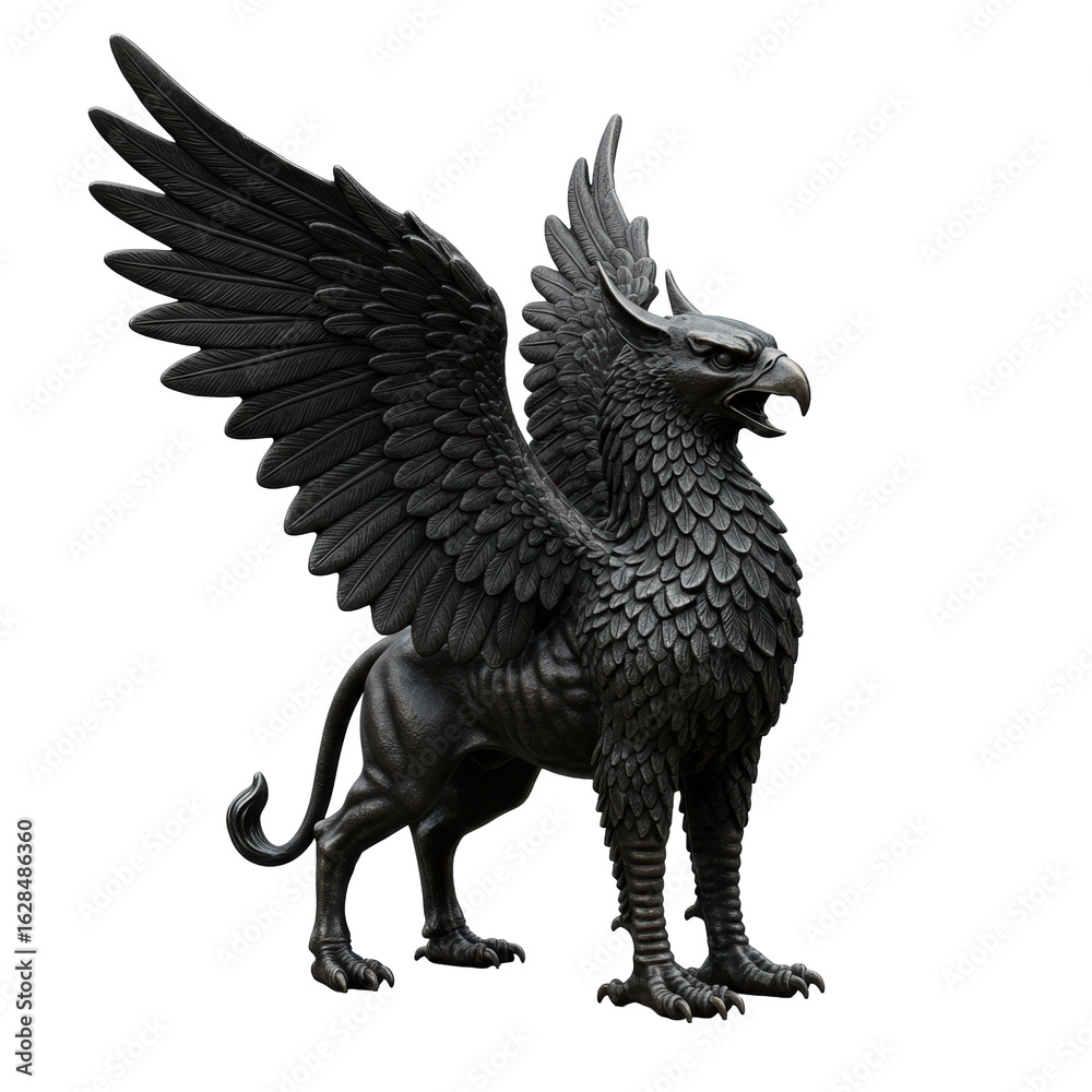 Obraz premium A gleaming dark bronze griffin figurine with powerful unfurled wings, a fierce expression, and a majestic leonine body, showcasing intricate textures against an isolated transparent background,