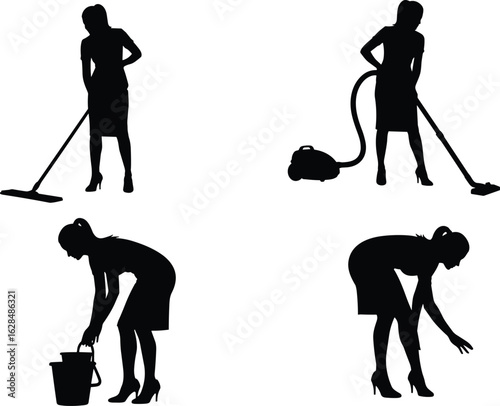 Cleaning, silhouette, woman, vacuuming, mopping, scrubbing, household chores, domestic work, cleaning tools, high heels, professional cleaner, home maintenance, housework, cleaning supplies