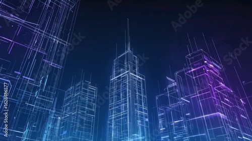 Glowing lines and geometric shapes forming futuristic skyscrapers represent the concept of smart city development and architectural innovation with a dark blue background