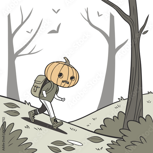 Whimsical halloween character with pumpkin head embarks on a forest adventure carrying a backpack amidst autumnal scenery and bare trees