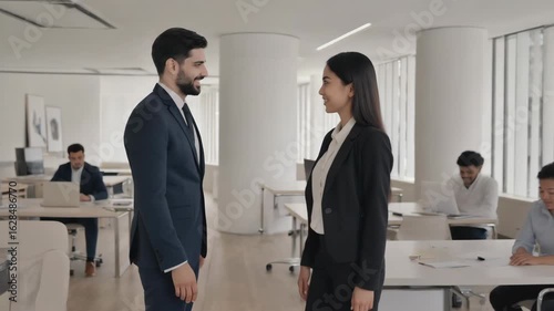 Two business professionals are shaking hands in a modern office environment, finalizing a successful agreement, while their colleagues work diligently in the background