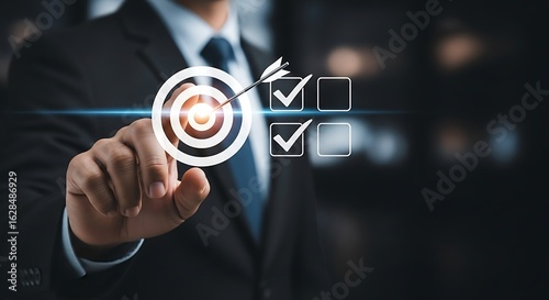 Businessman pointing at target with arrow and checklist, symbolizing goal achievement success