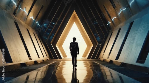 Businessman walking down shiny corridor toward bright light at end of futuristic tunnel, symbolizing hope, opportunity, and new beginnings in corporate world