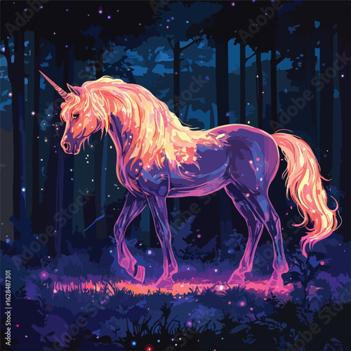 Enigmatic Mythical Unicorn Illuminated Abstract Drawing
