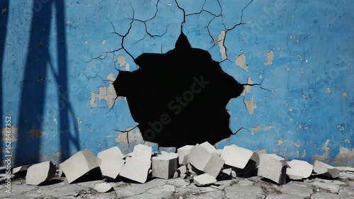 Big hole in a blue cracked concrete wall with debris on the ground, creating a dark void and suggesting destruction, vandalism, or an explosion