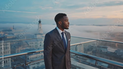 Businessman in a suit is standing on a rooftop at sunrise, looking out at the cityscape covered in fog, contemplating the new day and the opportunities it holds
