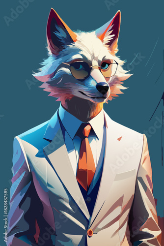 Stylish White Fox Wearing White Suit and Tie – Formal Minimal Character Portrait
