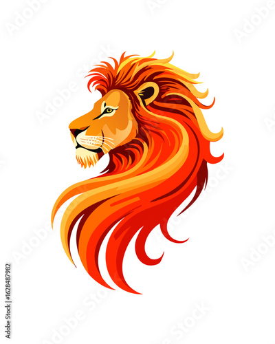 male lion's face profile, majestic, regal illustration, vibrant, bold, fiery colors 