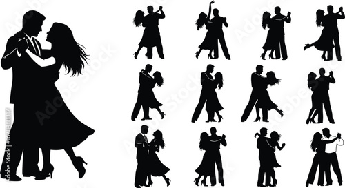Silhouette, Dance, Couple, Ballroom, Romantic, Elegant, Poses, Movement, Illustration, Art, Black, White, Waltz, Tango, Graceful, Partner, Expression, Style, Performance, Collection
