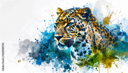 Beautiful and colorful watercolor splash painting of a leopard