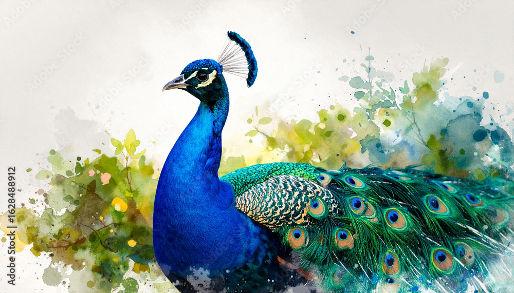 Obraz premium Beautiful and colorful watercolor splash painting of a peacock