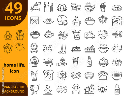 Assorted home life icons in line art style with transparent background  