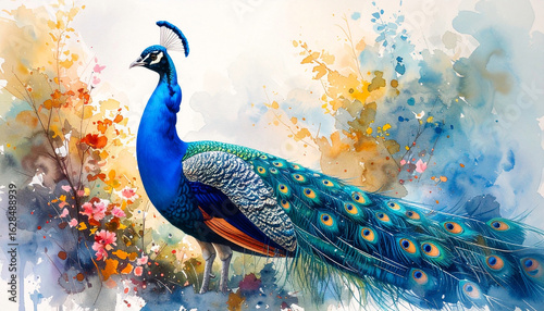 Beautiful and colorful watercolor splash painting of a peacock