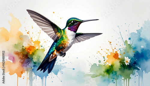 Beautiful and colorful watercolor splash painting of a hummingbird