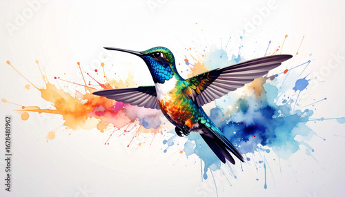 Beautiful and colorful watercolor splash painting of a hummingbird