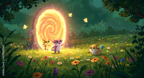 Magical arch glowing with radiant light set in a dark forest with mysterious ambiance