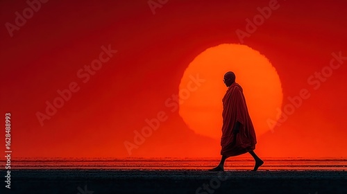 A powerful silhouette of Mahatma Gandhi walking, with the sun rising behind him, casting long shadows of hope and freedom