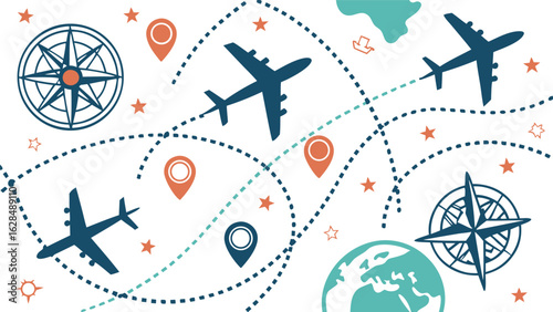 Global travel concept with airplanes compasses location pins and dotted flight paths connecting to a stylized world map and globe