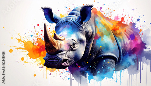 Beautiful and colorful watercolor splash painting of a rhino (rhinoceros)