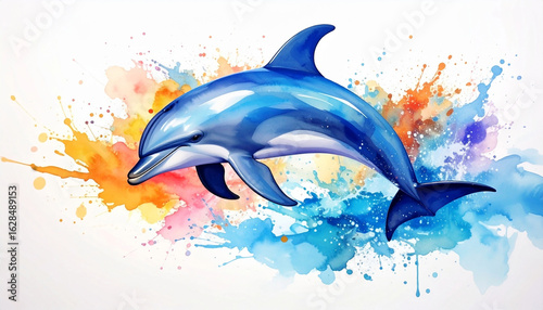 Beautiful and colorful watercolor splash painting of a dolphin