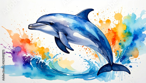 Beautiful and colorful watercolor splash painting of a dolphin