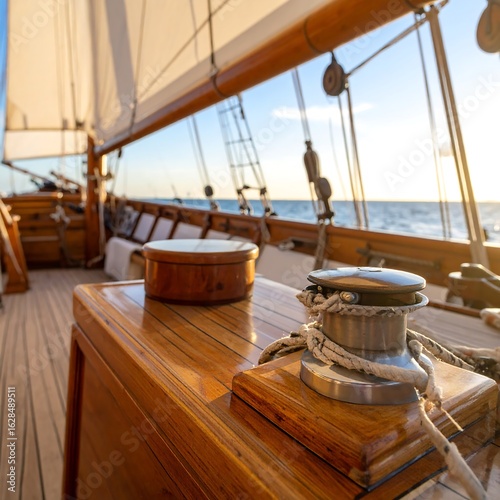 Wooden sailboat deck at sunset