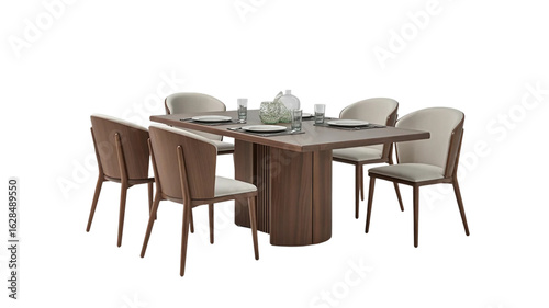 Dining table and chairs isolated on white, with wood furniture, interior, and home decor