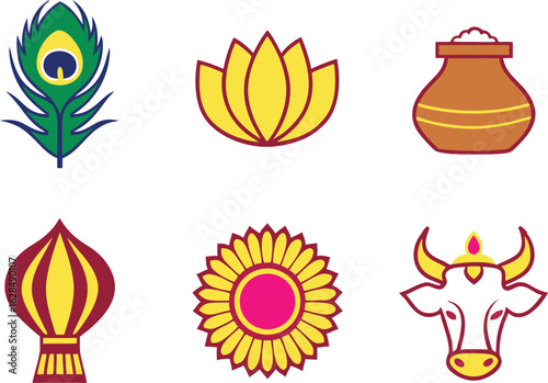 Janmashtami Smarta Clipart Set with Krishna Festival Elements. Traditional Janmashtami Smarta Illustration Collection for Festive Use. Bright Janmashtami Smarta Festival Design Set with Puja Symbols. 