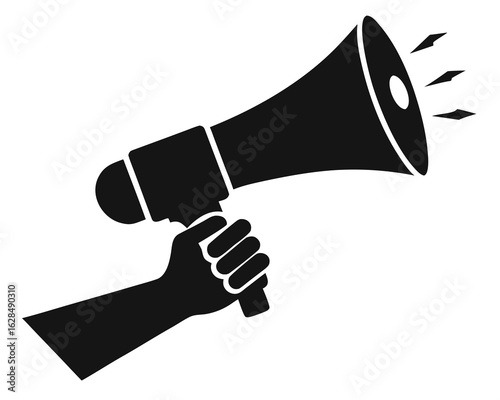 Hand holding megaphone silhouette, megaphone in hand silhouette icon
