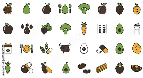 Healthy lifestyle and nutrition color icon set. Vector collection of food, vitamin, and supplement symbols for diet.