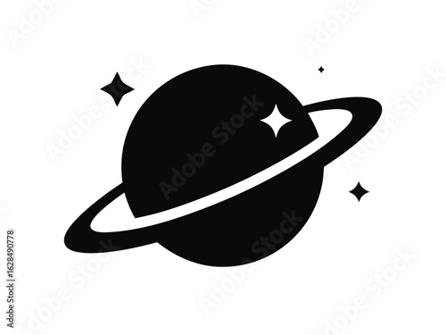 Planet Saturn with planetary ring black silhouette vector icon,on white background