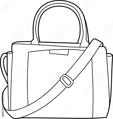 Cad drawing flat vector illustration, stylish handbag, shoulder strap, fashion accessory, modern tote, spacious design, durable, elegant, practical, everyday use
