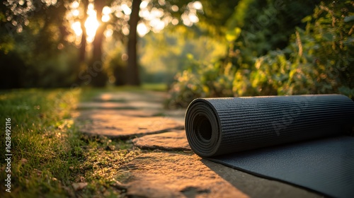Yoga mat resting on a forest path at sunrise