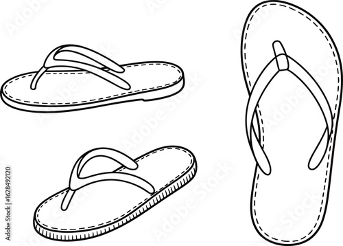 Cad drawing flat vector illustration, flip-flops in multiple views, summer footwear, beach sandals, casual shoes, line art, fashion design