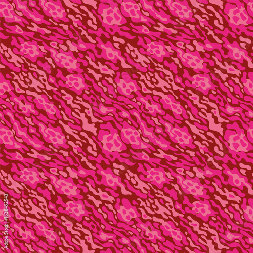 Seamless pattern of fantastic animal, camouflage pattern. Bright stripes, spots shades of red and pink in a random order on a dark red background