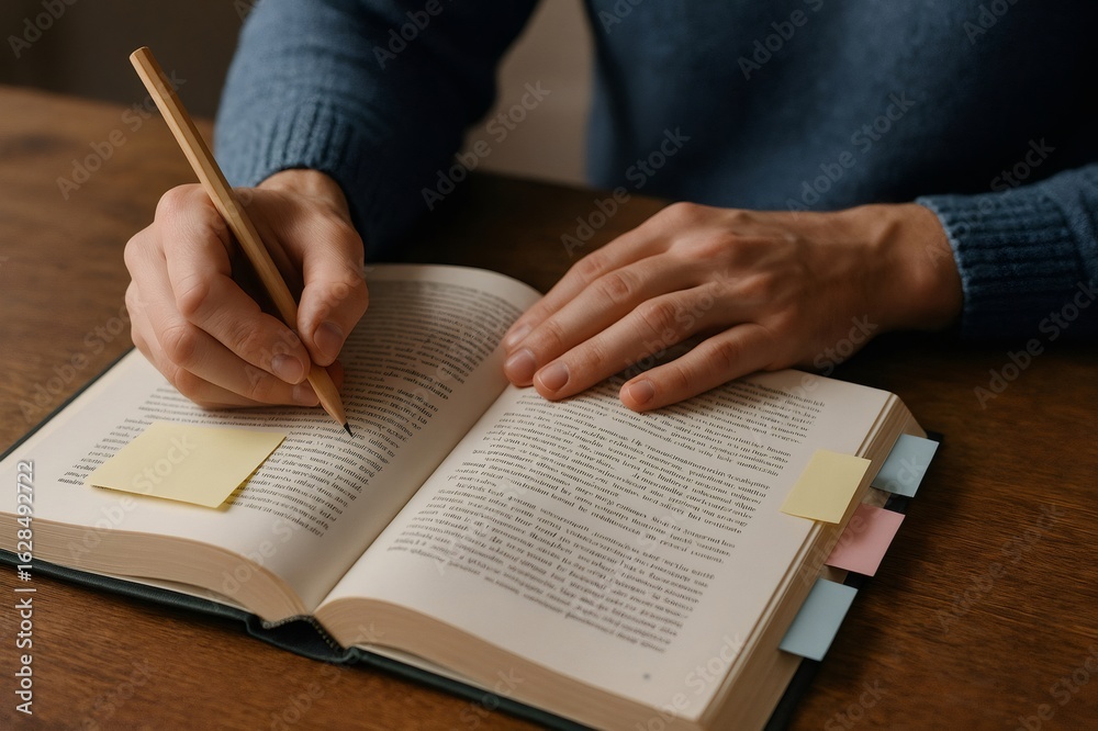 Close up of hands taking notes and highlighting text in textbook using pencil and sticky notes while studying on wooden table Close up of hands taking notes and highlighting text in textbook using pencil and sticky notes while studying on wooden table