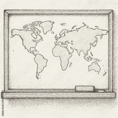 World map sketched on chalkboard with chalk pieces below  