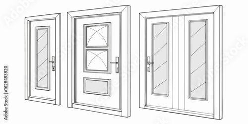 Collection of linear style door icons including home entrance, classic interior, elevators, and wooden or glass safes in vector.