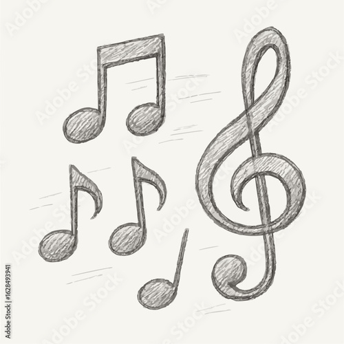 Hand-drawn music notes and treble clef in pencil sketch style  