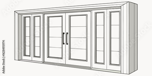 Linear style collection of door type icons featuring home entrance, classic interior doors, elevators, and wooden or glass safes.