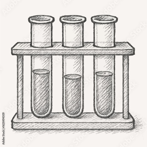 Laboratory test tubes in a wooden rack with a sketched design  