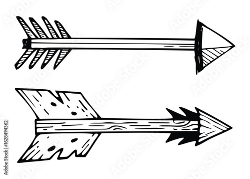 black and white hand drawn vintage wooden arrows with feather fletching and sharp arrowhead illustration