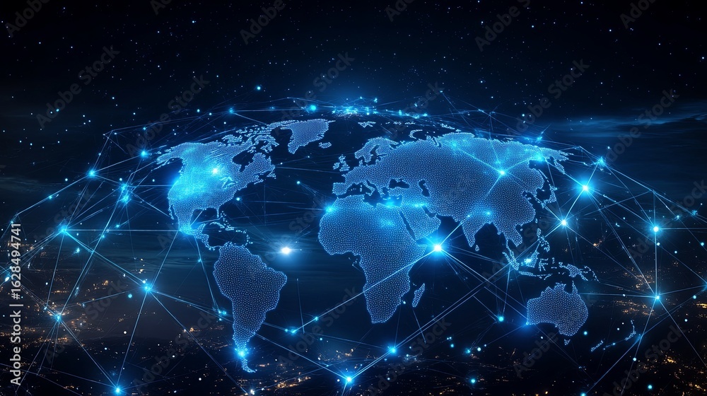 Fototapeta premium A global digital network encompassing planet Earth, with bright blue streams of light symbolizing connections and information exchange.
