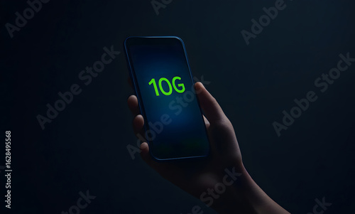 Wallpaper Mural A hand holding telephone an against a black background, with glowing green 10 G text inside a blue chat box floating above the screen, symbolizing futuristic mobile communication concept Torontodigital.ca