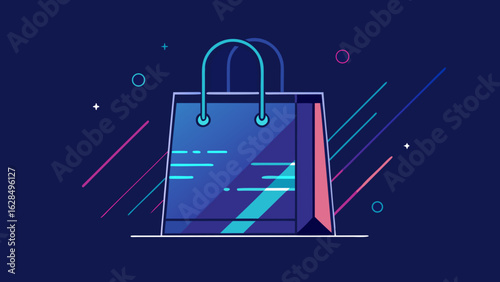 Illustration of a blue shopping bag with handles on a dark blue background with lines and circles