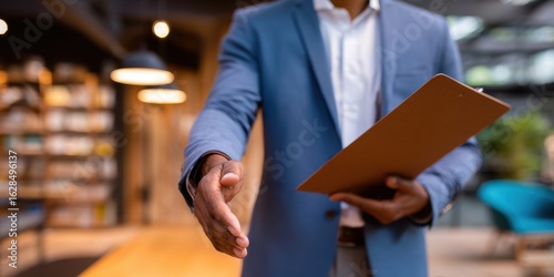 The businessman extending a handshake in a modern office setting