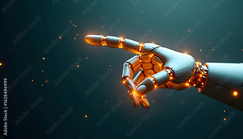 Naklejka premium A detailed robotic hand with glowing circuitry, pointing to the future