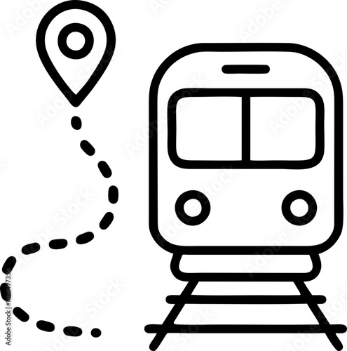 Train icon with route and geotag - transport and logistics