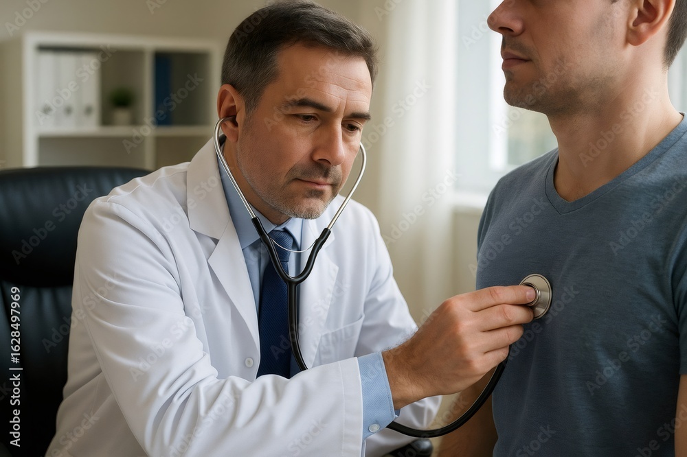 Obraz premium Doctor examining patient's heart with a stethoscope during a thorough medical checkup in a hospital office setting