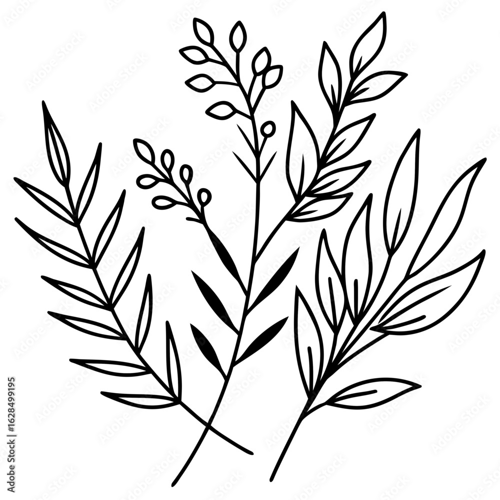 Naklejka premium Minimalist botanical elements in elegant line art — leaves, branches, and wildflowers — black ink vector strokes, natural flow, hand-drawn look, isolated on white background1